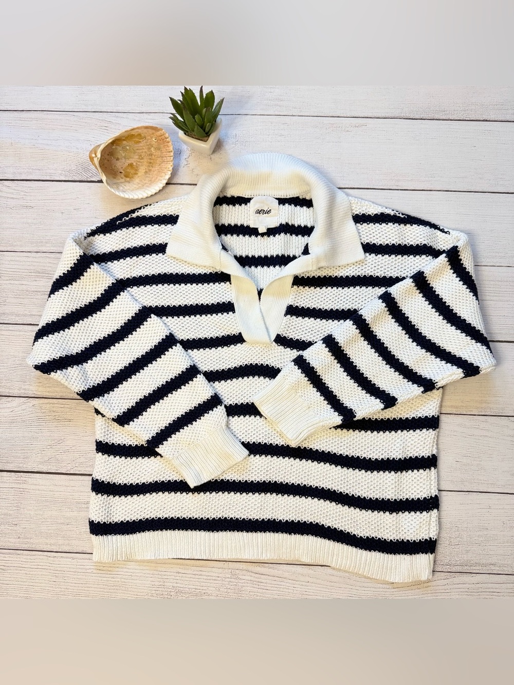 🌾 aerie Cream & Black‎ Striped V-Neck Polo Sweater